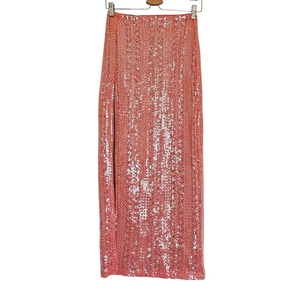 Michael Costello x REVOLVE Catiana Sequin Maxi Skirt Coral Pink High Slit XS New